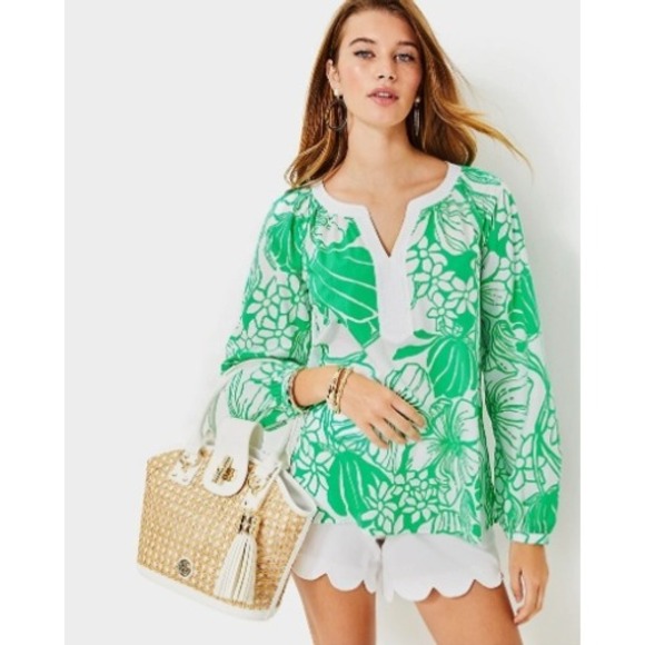 Lilly Pulitzer Tops - Lilly Pulitzer Camryn Tunic Green White Floral Blouse XL Long Sleeve